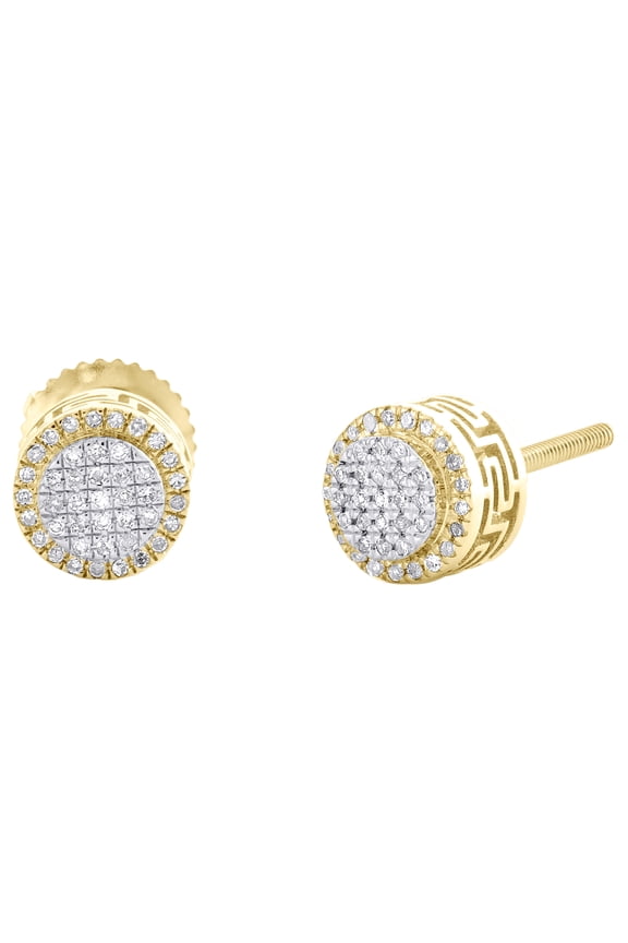 10K Yellow Gold Genuine Diamond 6mm 3D Greek Key Circle Stud Earrings 1/10 CT