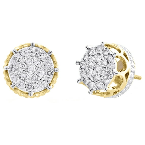 10K Yellow Gold Genuine Diamond 8-Prong Sutds 12mm Mens 3D Pave Earrings 1 CT.