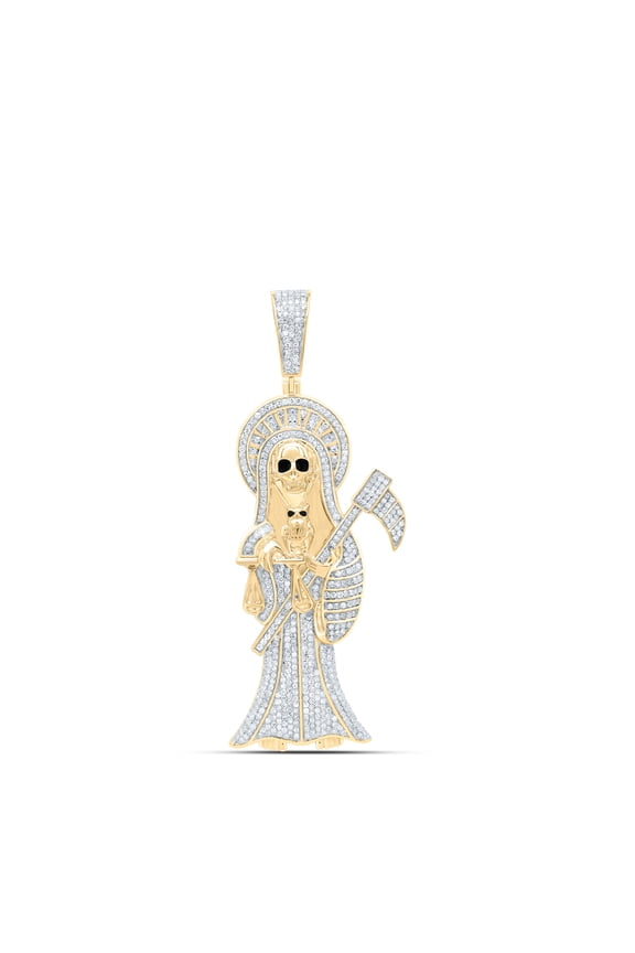 10K Yellow Gold Genuine Diamond Grim Reaper Santa Muerte w/ Owl Pendant 1.88 CT