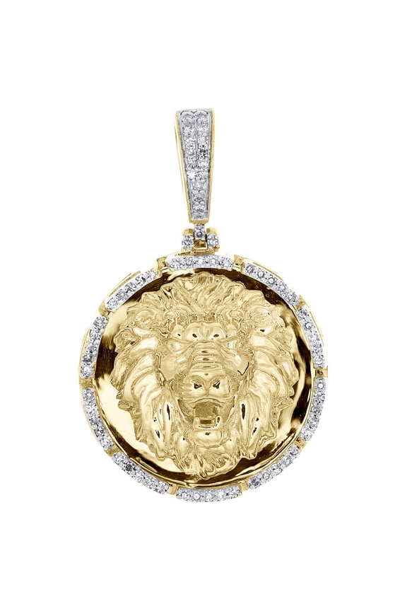 10K Yellow Gold Genuine Diamond Mens Roaring Lion Round Medallion Pendant 1/4 CT