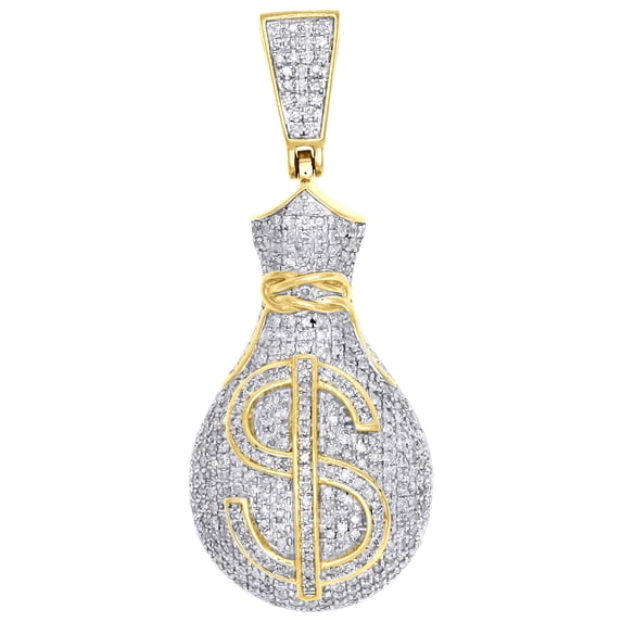 10K Yellow Gold Genuine Diamond Money Bag Dollar Sign Pendant 1.5" Charm 1 CT.
