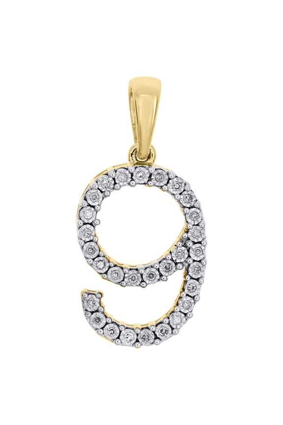 10K Yellow Gold Genuine Diamond Number # 9 NINE Pendant 1" Unisex Charm 0.08 CT.