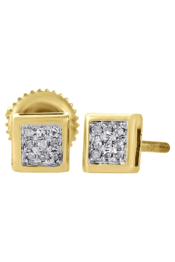 10K Yellow Gold Genuine Diamond Pave Studs Mini 4.90mm Square Earrings 0.05 Ct.
