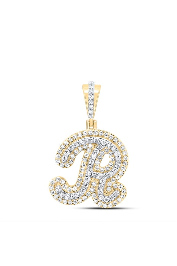 10K Yellow Gold Genuine Diamond Women's Cursive Font Initial R Pendant 3/8 CT