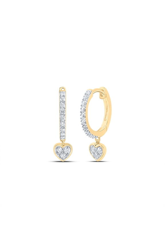 10K Yellow Gold Genuine Diamond Women's Heart Dangler Round Hoop Earrings 1/6 CT