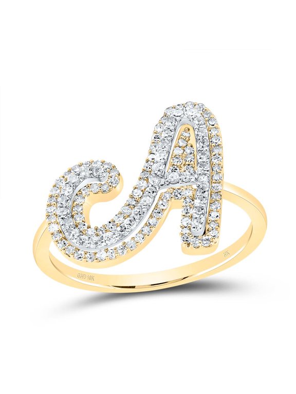 10K Yellow Gold Genuine Diamond Women's Script Letter A Initial Ring 1/2 CT