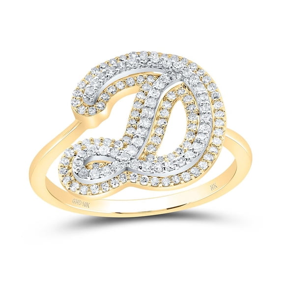 10K Yellow Gold Genuine Diamond Women's Script Letter D Initial Ring 3/8 CT