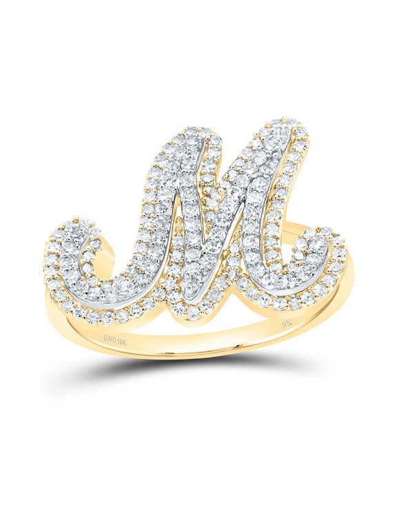 10K Yellow Gold Genuine Diamond Women's Script Letter M Initial Ring 1/2 CT