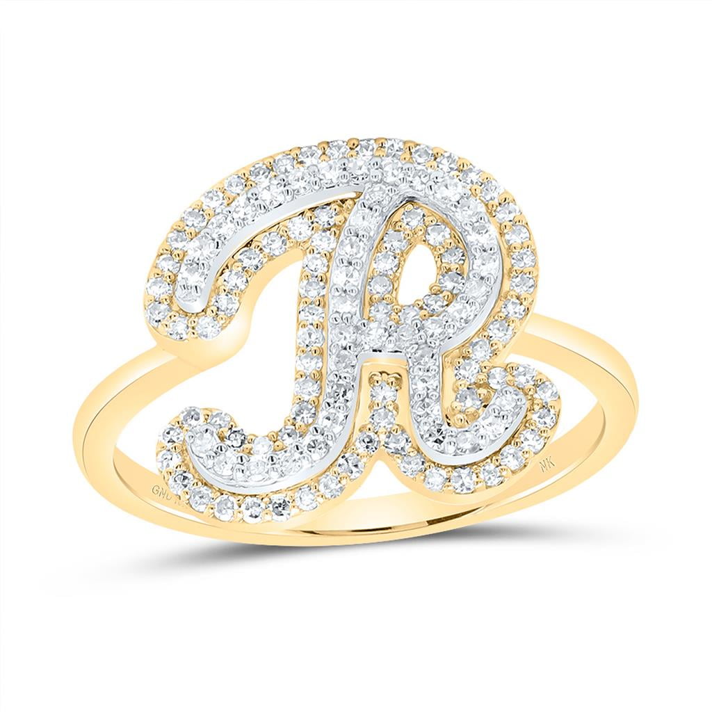 10K Yellow Gold Genuine Diamond Women's Script Letter R Initial Ring 3/ ...