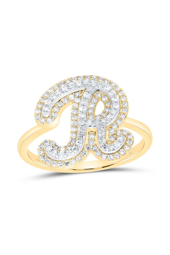 10K Yellow Gold Genuine Diamond Women's Script Letter R Initial Ring 3/8 CT