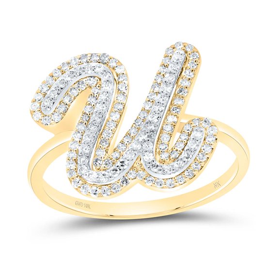 10K Yellow Gold Genuine Diamond Women's Script Letter U Initial Ring 3/8 CT