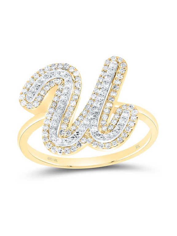 10K Yellow Gold Genuine Diamond Women's Script Letter U Initial Ring 3/8 CT