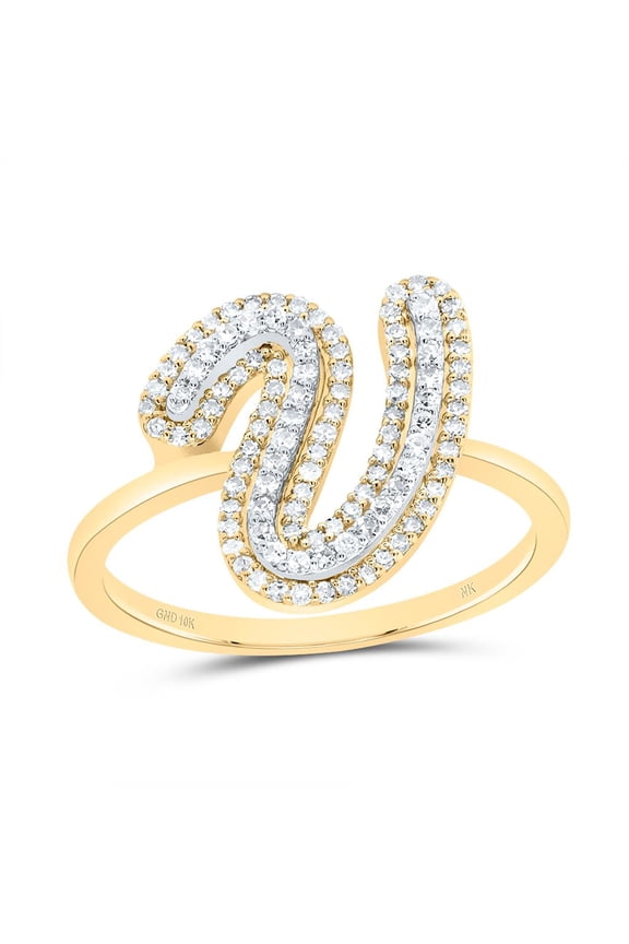 10K Yellow Gold Genuine Diamond Women's Script Letter V Initial Ring 1/3 CT