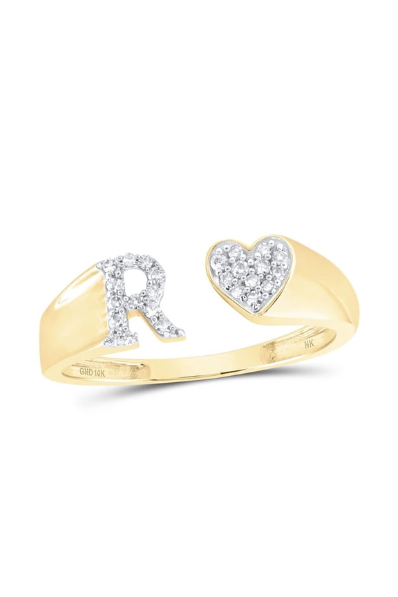 10K Yellow Gold Genuine Round Cut Diamond Women's Initial 'R' Letter w/ Heart Split Right Hand Statement Ring 1/8 Ct.