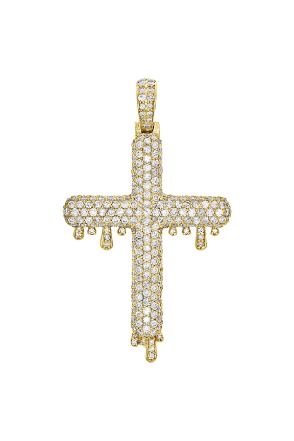 10K Yellow Gold Genuine Round Diamond Drip Cross Pendant Mens 2" Charm 3.82 CT.
