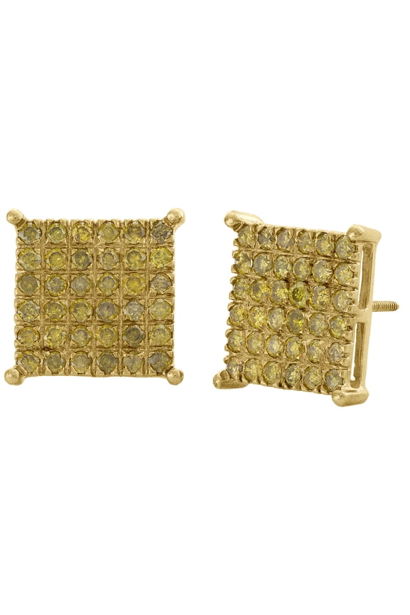 10K Yellow Gold Genuine Yellow Diamond 4 Prong Studs 14mm Pave Earrings 2.04 CT.