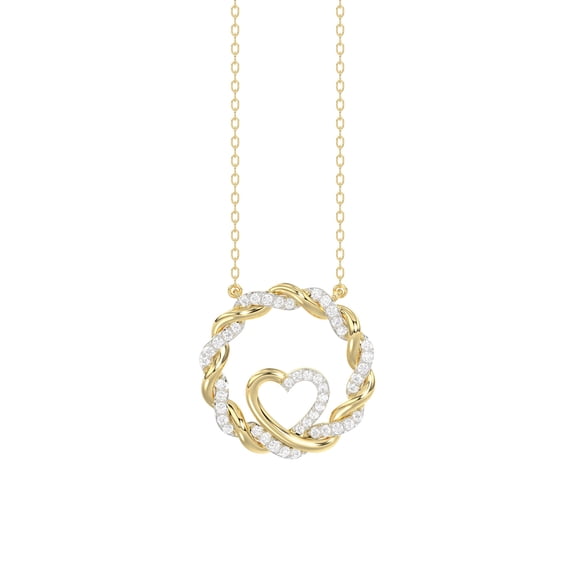 10K Yellow Gold Heart Within a Circle Diamond Pendant Necklace with Chain, 0.15 CT Round Natural Diamond, Ladies Jewelry