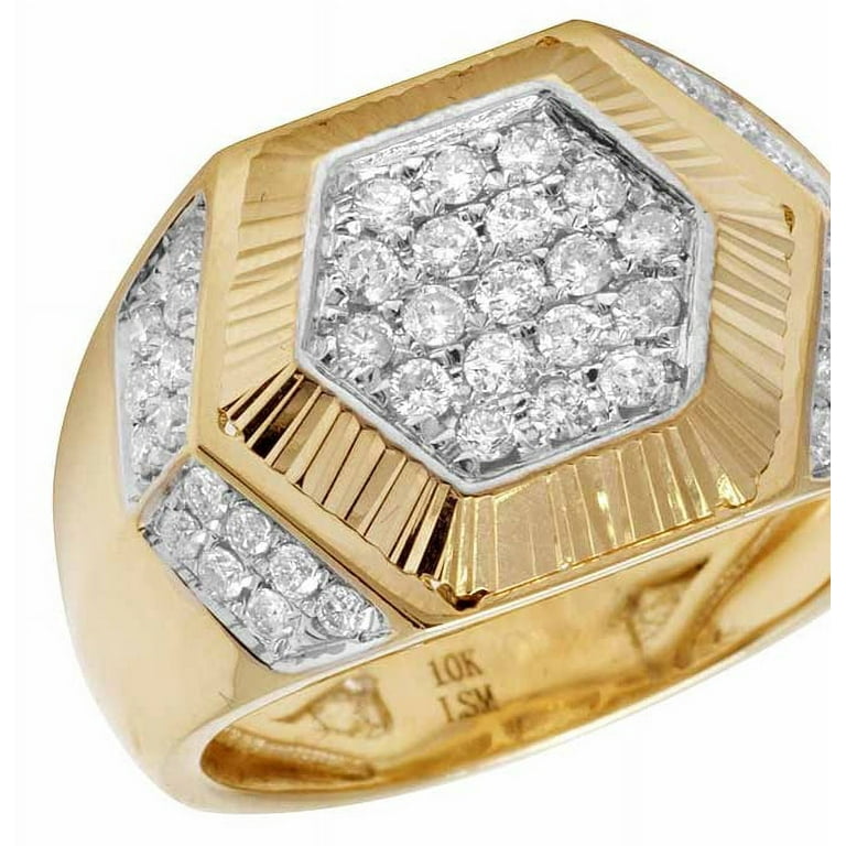 10K Yellow Gold Hexagon Real Diamond Pinky Ring 1.0CT 15MM