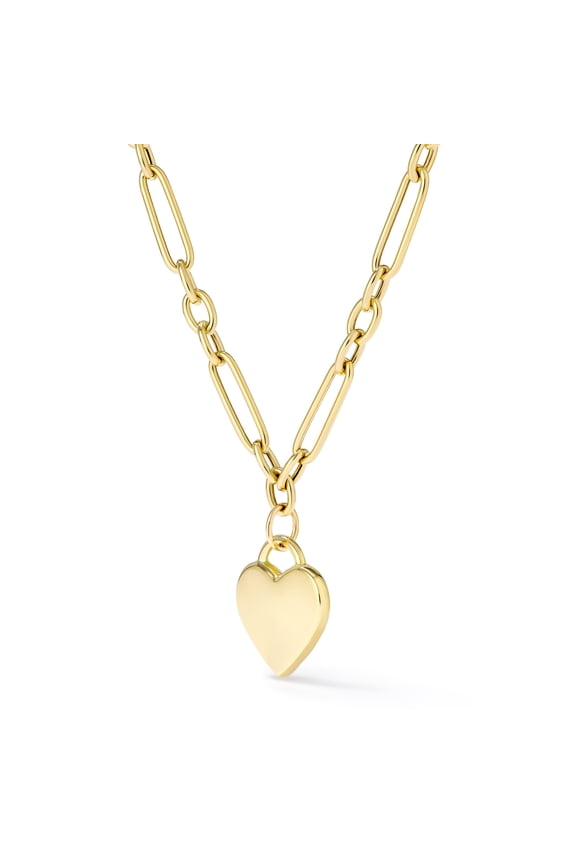 10K Yellow Gold High Polish Oval & Paperclip Link Necklace with Heart Charm – 16–18 Inch Adjustable Paperclip Chain with Rolo Extender