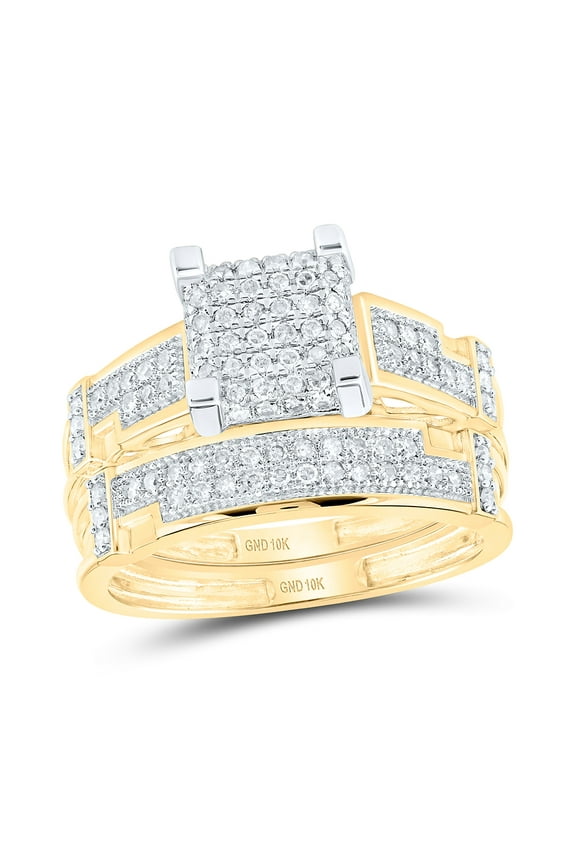 10K Yellow Gold His Hers Round Dia. Square Matching Wedding Set 1/2ctw, Women's Size: 5-10, Mens Size: 7-13
