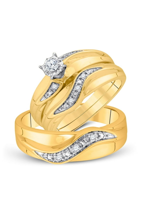 10K Yellow Gold His Hers Round Diamond Solitaire Matching Wedding Set 1/6 Cttw, Womens Size: 5-10, Mens Size: 7-13