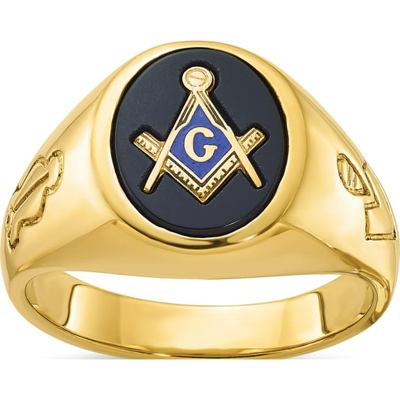 10K Yellow Gold Ibgoodman Men's Polished And Grooved With Oval Onyx Blue Lodge Master Masonic Ringsize 10 (Width 13.7) - Jbsp