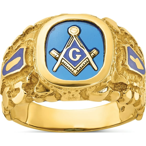 10K Yellow Gold Ibgoodman Men's Polished And Nugget Textured With Blue Enamel Lab Created Sapphire Lodge Master Masonic Ringsize 10 - Jbsp