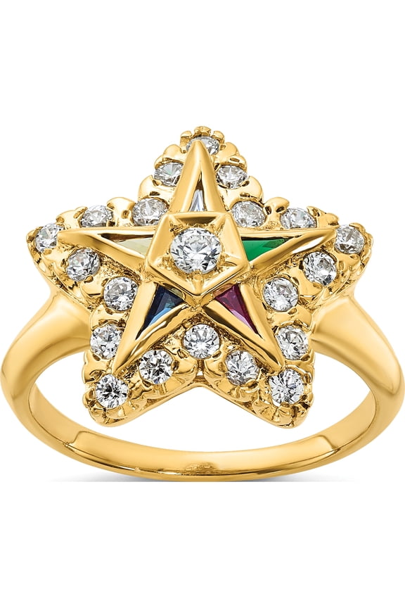 10K Yellow Gold Ibgoodman Women's Polished Multi-Color Cz And A Quality Diamond Eastern Star Masonic Ringsize 7 - Jbsp