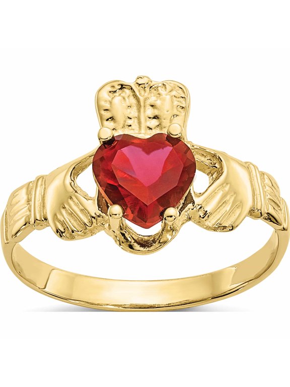 10K Yellow Gold July Red Birthstone Claddagh Ring