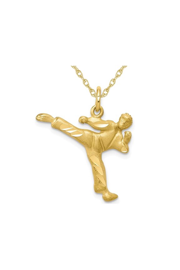 10K Yellow Gold Karate Kick Master Charm Pendant Necklace with Chain for Women