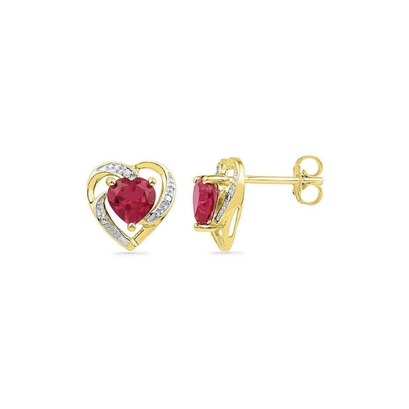 10K Yellow Gold Lab Created Ravishing Ruby Lovely Sparkling Heart Earrings 3/8 Ctw.