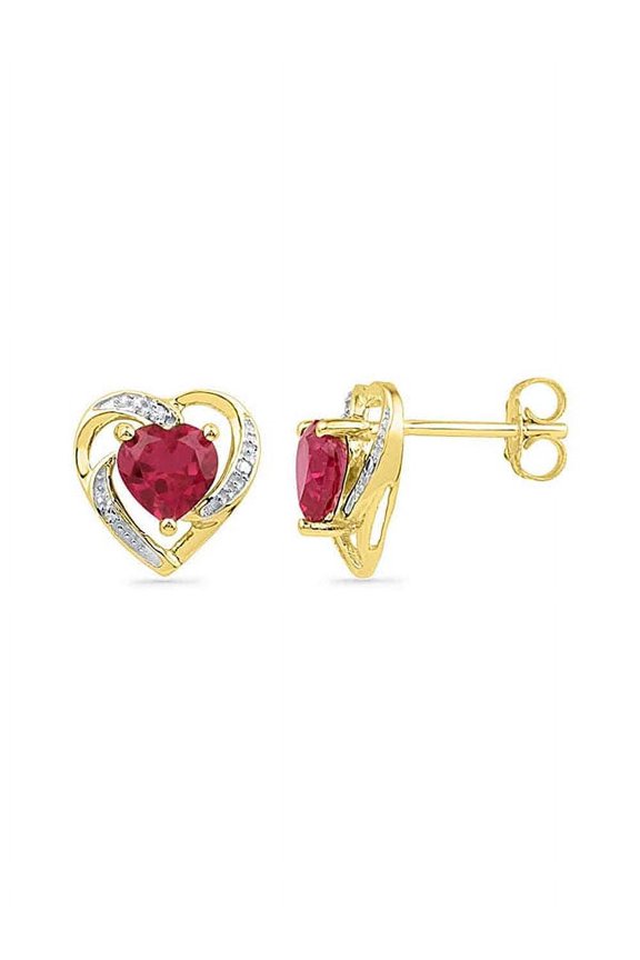 10K Yellow Gold Lab Created Ravishing Ruby Lovely Sparkling Heart Earrings 3/8 Ctw.