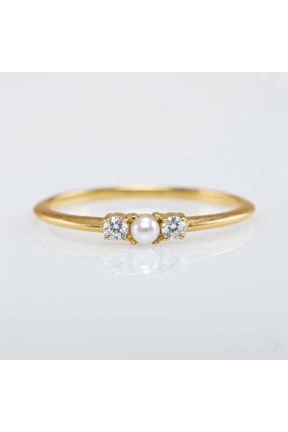 10K Yellow Gold Lab Pearl Engagement Ring, Three Stone CZ Accent