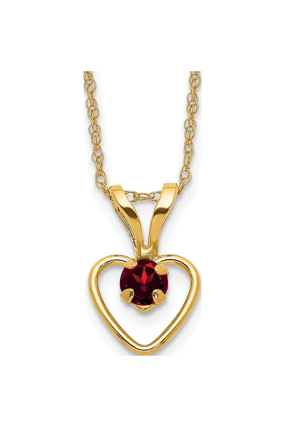 10K Yellow Gold 3mm Round January / Garnet Heart Birthstone 15 inch Necklace