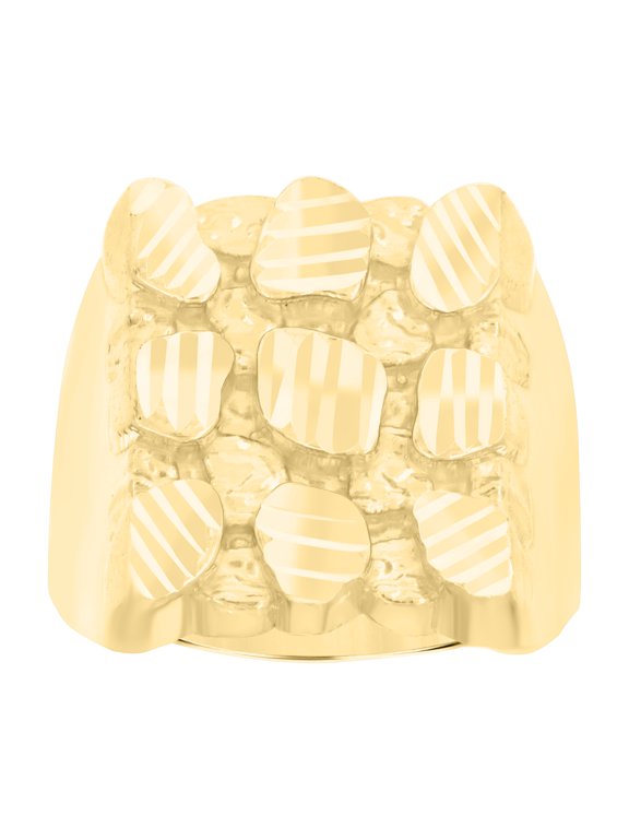 10K Yellow Gold Men's 19mm Diamond Cut Square Textured Band Nugget Pattern Ring