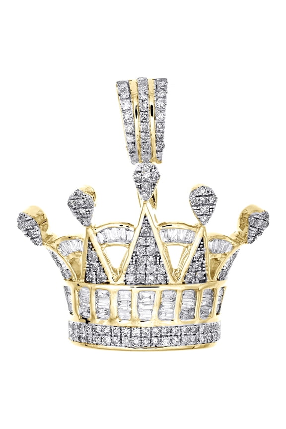 10K Yellow Gold Men's Baguette & Round Diamond Charm King Crown Pendant 0.87 Ct.