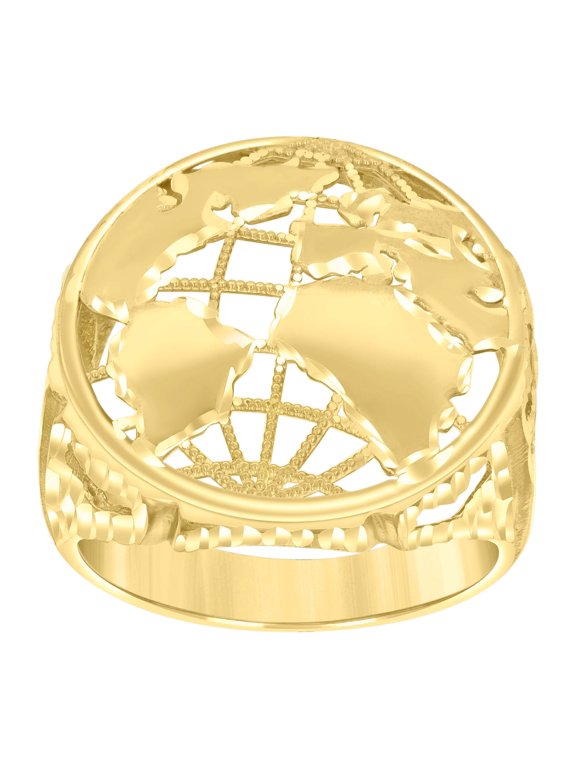 10K Yellow Gold Men's Diamond Cut 23mm Textured Domed World Map Globe Pinky Ring