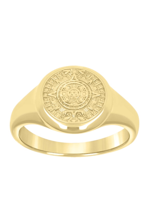 10K Yellow Gold Men's High Polished 16mm Circle Signet Aztec Calendar Pinky Ring