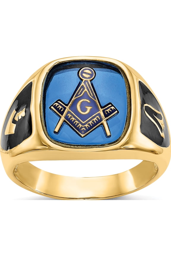 10K Yellow Gold IB Goodman 10K Mens Polished/Antiqued and Textured with Imitation Blue Spinel Masonic Ring
