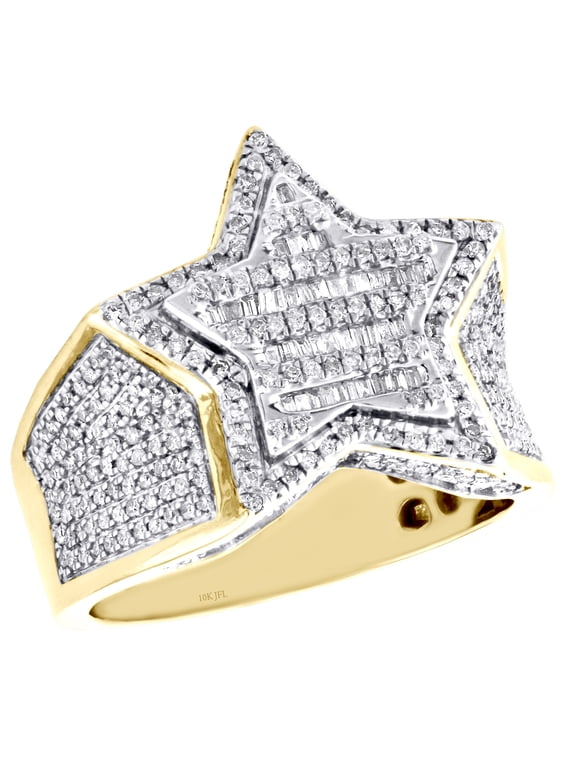 10K Yellow Gold Mens Baguette Diamond Stacked Star Shape Pinky Ring Band 1 CT.