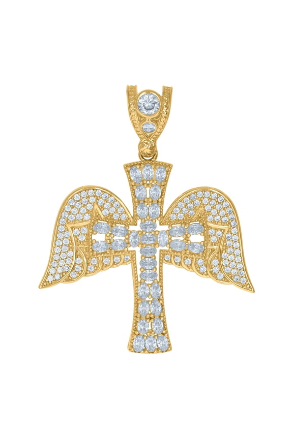 10K Yellow Gold Mens Cubic Zirconia Angel Wings Cross Religious Charm Pendant