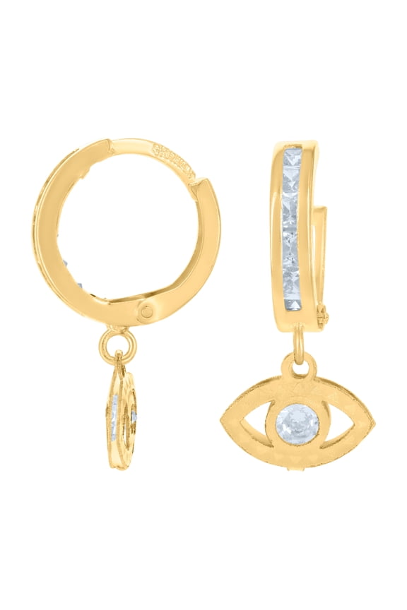 10K Yellow Gold Mens Cubic-Zirconia Evil Eye Dangle Hoop Earrings