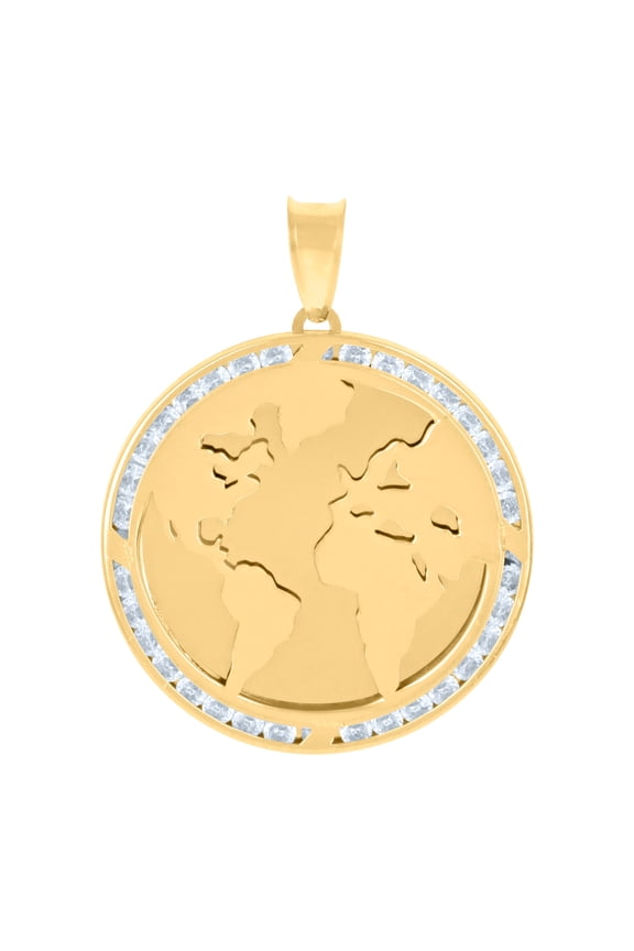10K Yellow Gold Mens Cubic-Zirconia World Map Charm Pendant