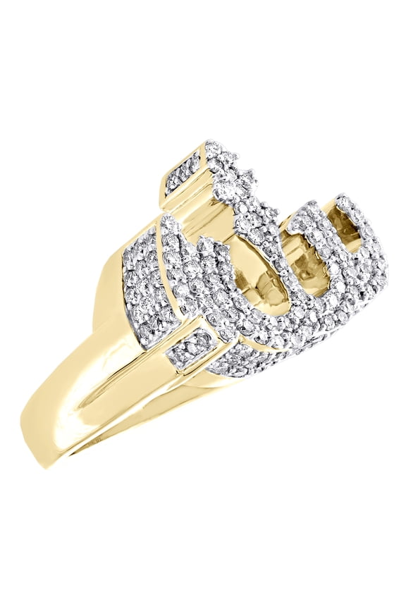 10K Yellow Gold Mens Diamond 3D Allah Pinky Ring Islamic Arabic Script 1.25 CT.