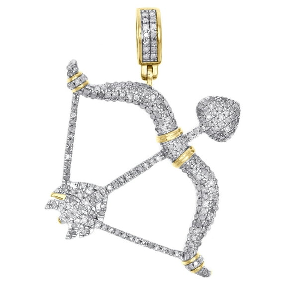 10K Yellow Gold Mens Diamond Cupid Bow and Arrow Pendant 1.4" Pave Charm 3/4 CT
