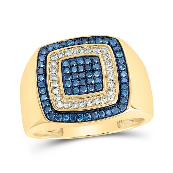 10K Yellow Gold Mens Round Blue Color Treated Diamond Square Ring 3/4 Cttw, Mens Size: 7-13