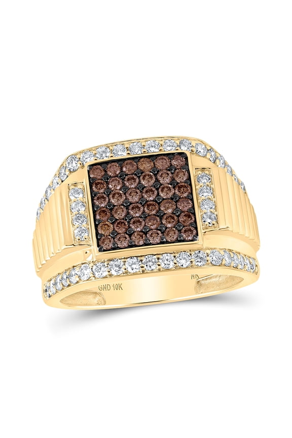 10K Yellow Gold Mens Round Brown Diamond Square Ring 1-5/8 Cttw, Mens Size: 7-13