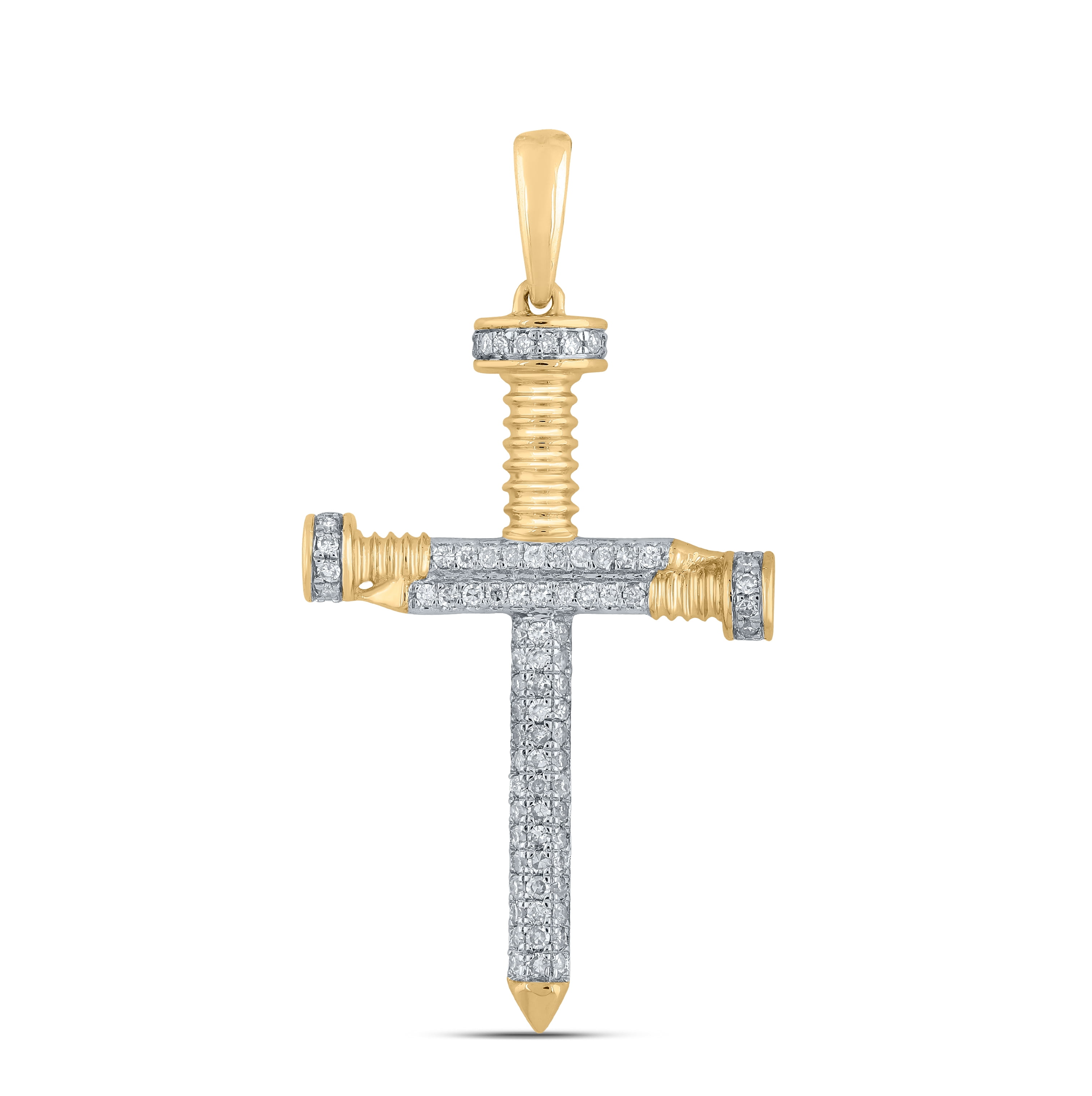 10K Yellow Gold Mens Round Diamond Nail Cross Charm Pendant 1/3 Cttw