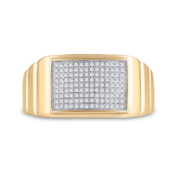 10K Yellow Gold Mens Round Diamond Ribbed Rectangle Cluster Ring 1/4 Cttw, Mens Size: 7-13