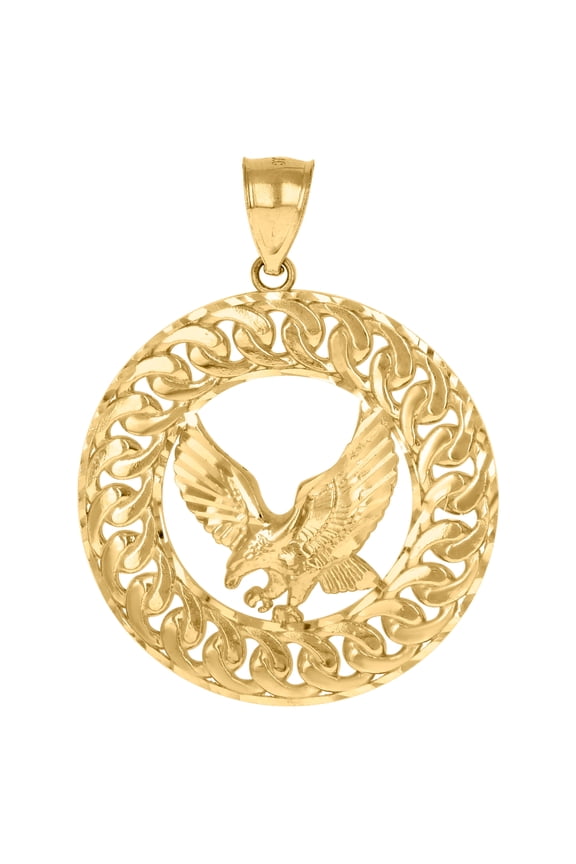 10K Yellow Gold Mens Wildlife Bird Eagle Cuban Link Medallion Patriotism Charm Pendant
